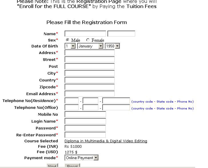 form to be filled to register for the entire course